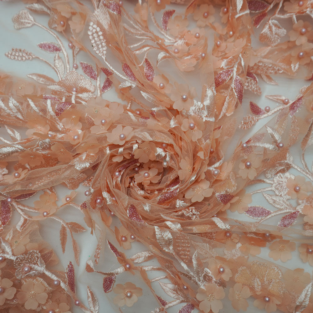 Tecido renda tule bordado pedraria floral 3d salmão