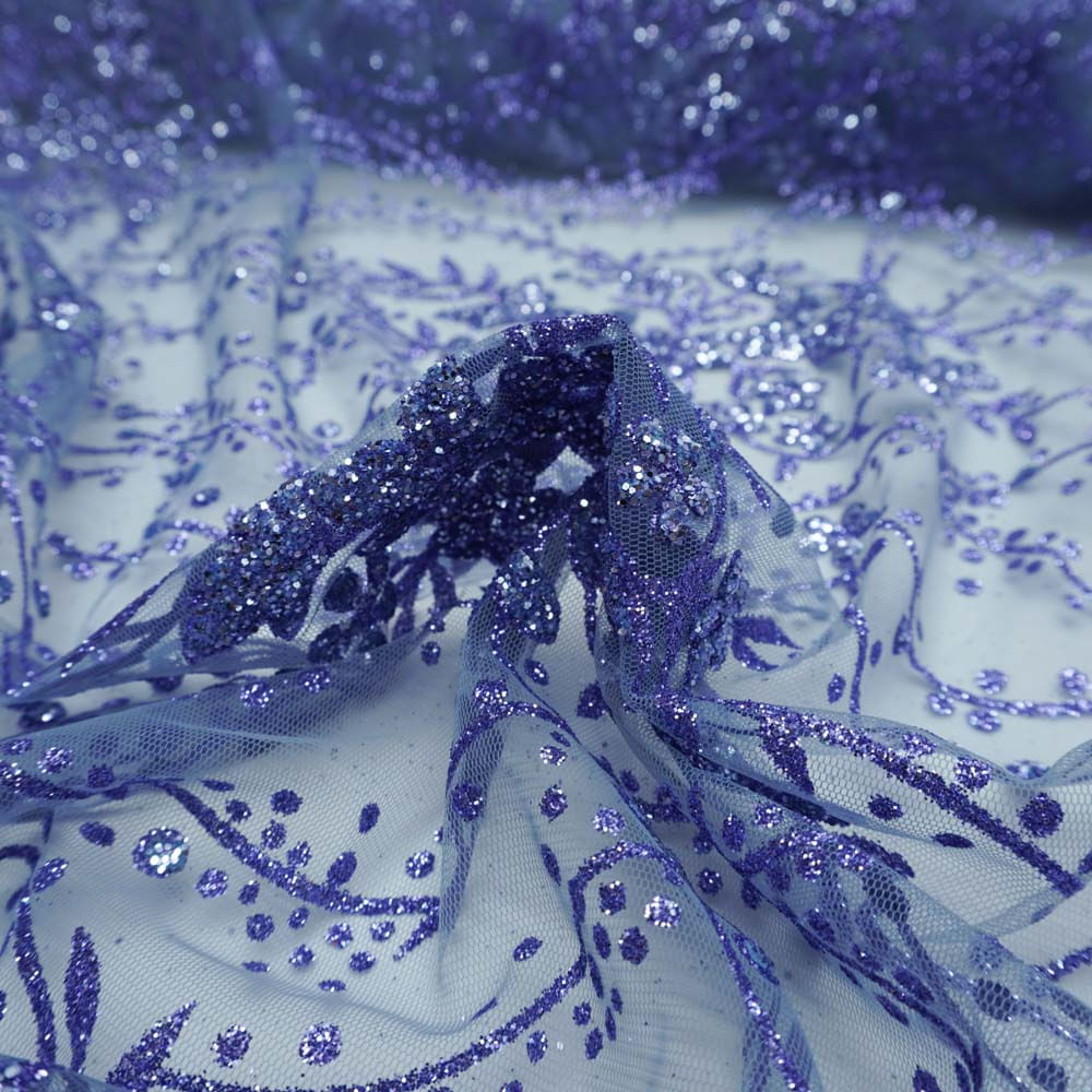 Tecido tule com glitter floral azul acinzentado