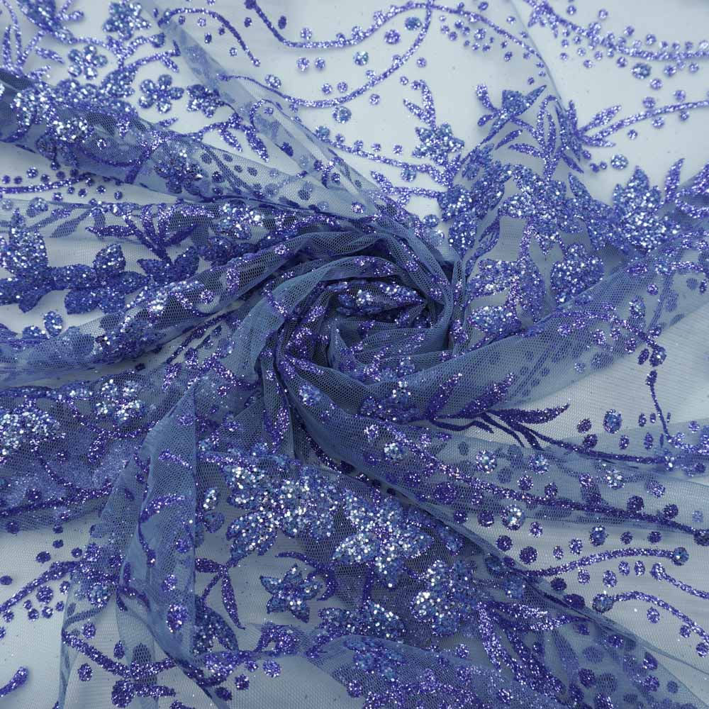 Tecido tule com glitter floral azul acinzentado