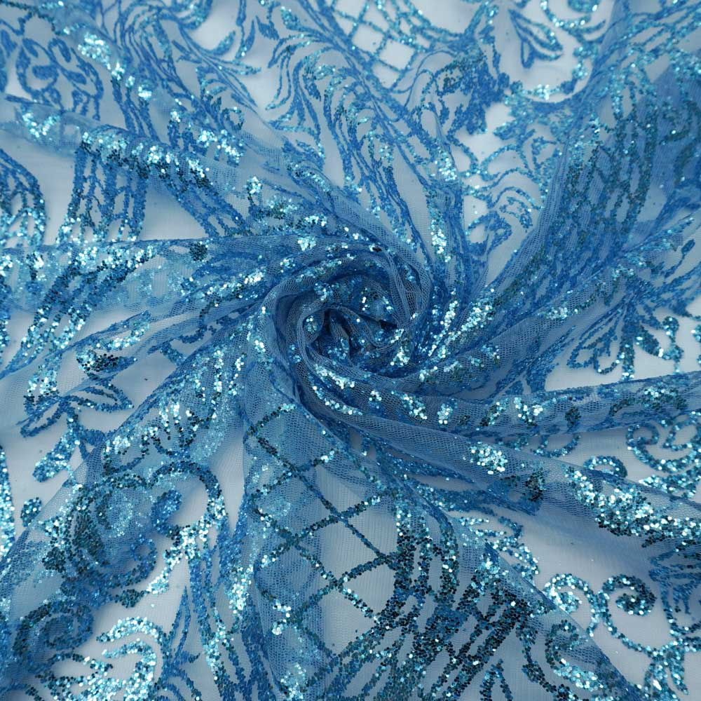 Tecido tule com glitter arabesco azul serenity