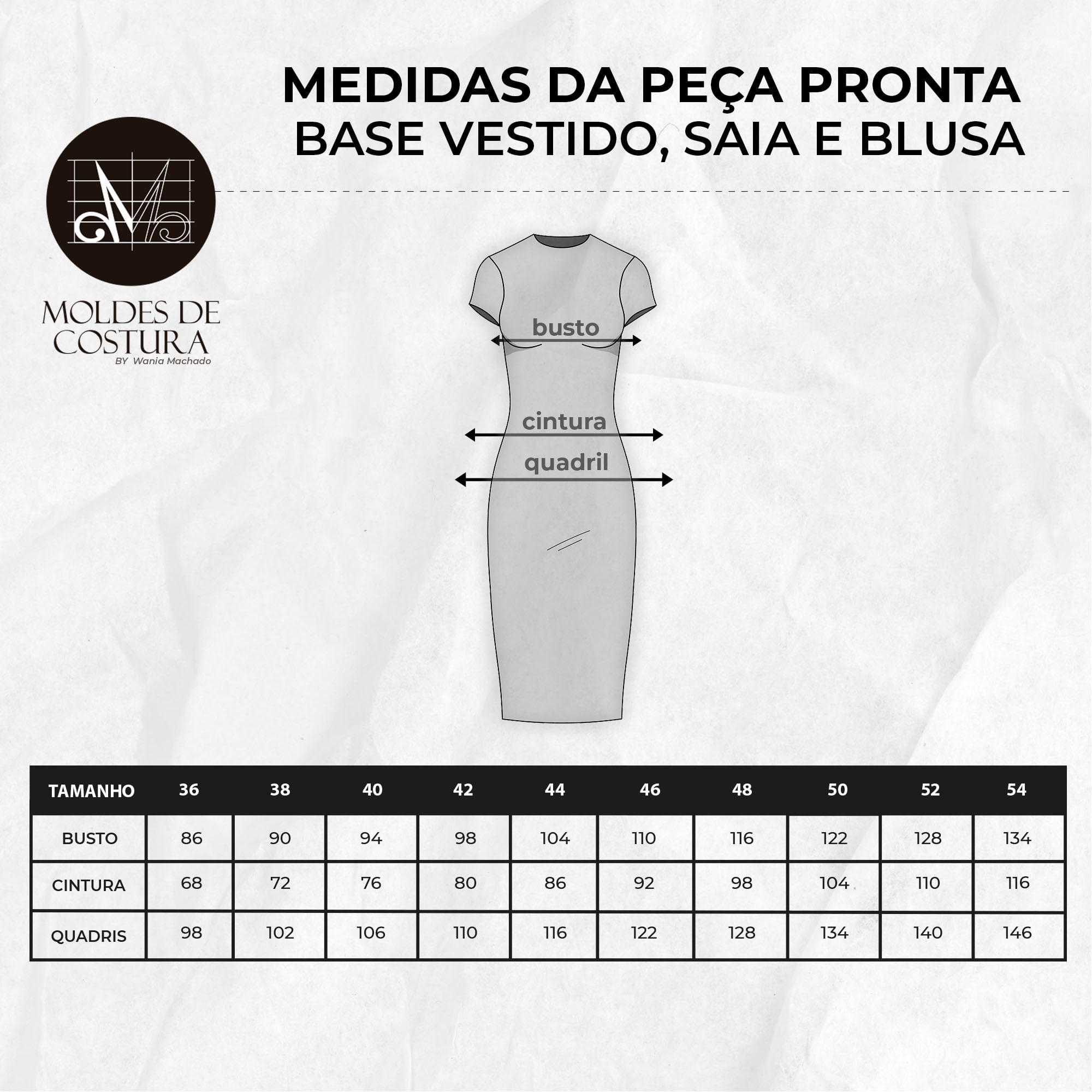 Molde base vestido, saia e blusa tamanho 36 ao 44 by Wania Machado