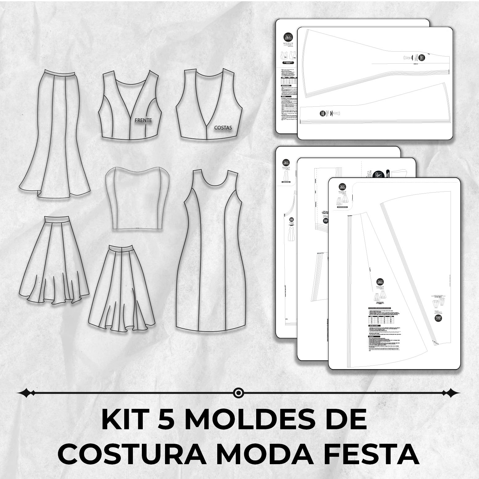 Kit 5 moldes de costura moda festa by Marlene Mukai
