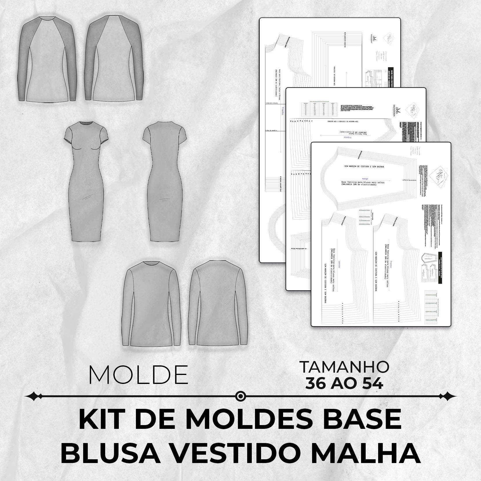 Kit de Moldes Base Blusa Vestido Malha tamanho 36 ao 54 by Wania Machado