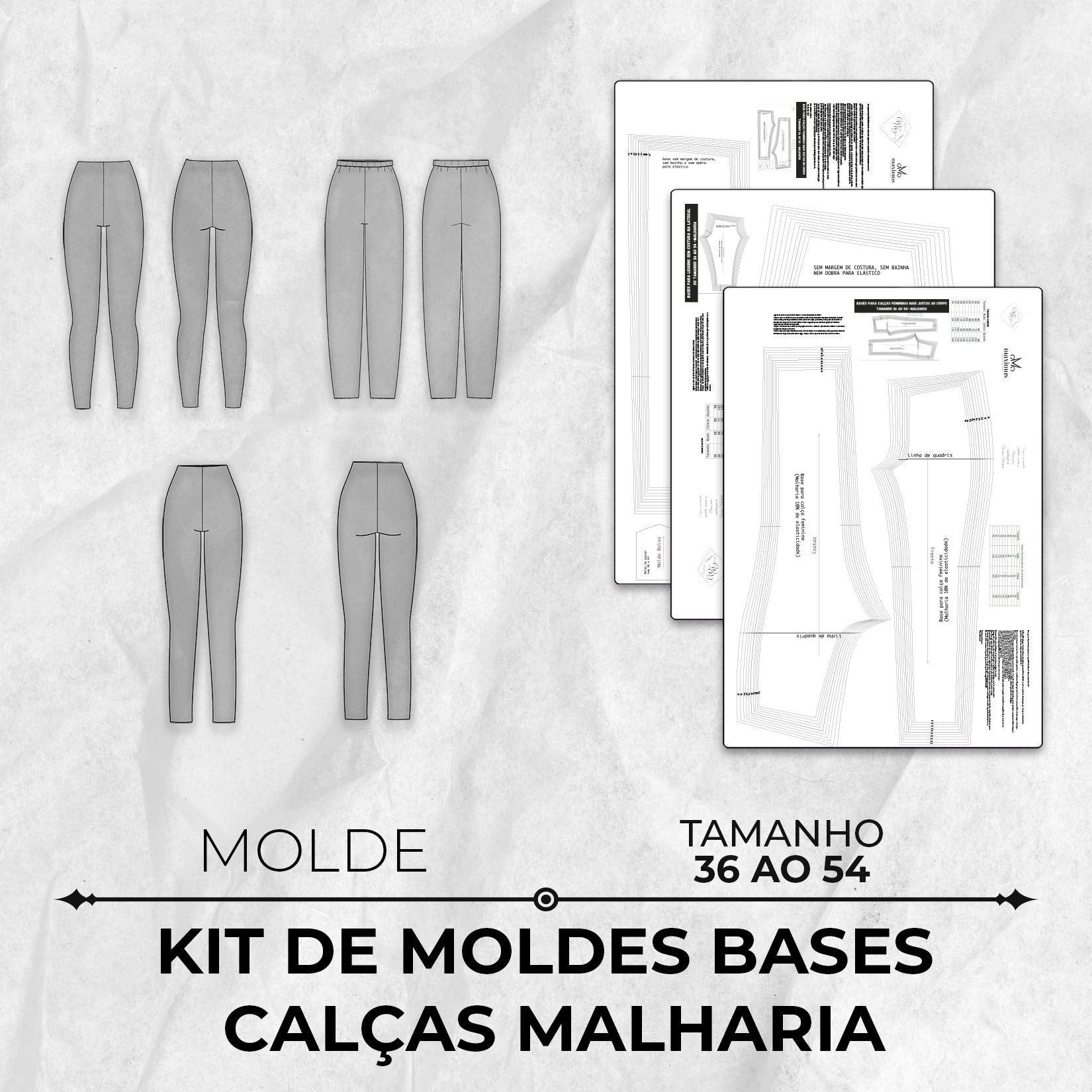 Kit de Moldes Bases Calças Malharia tamanho 36 ao 54 by Wania Machado