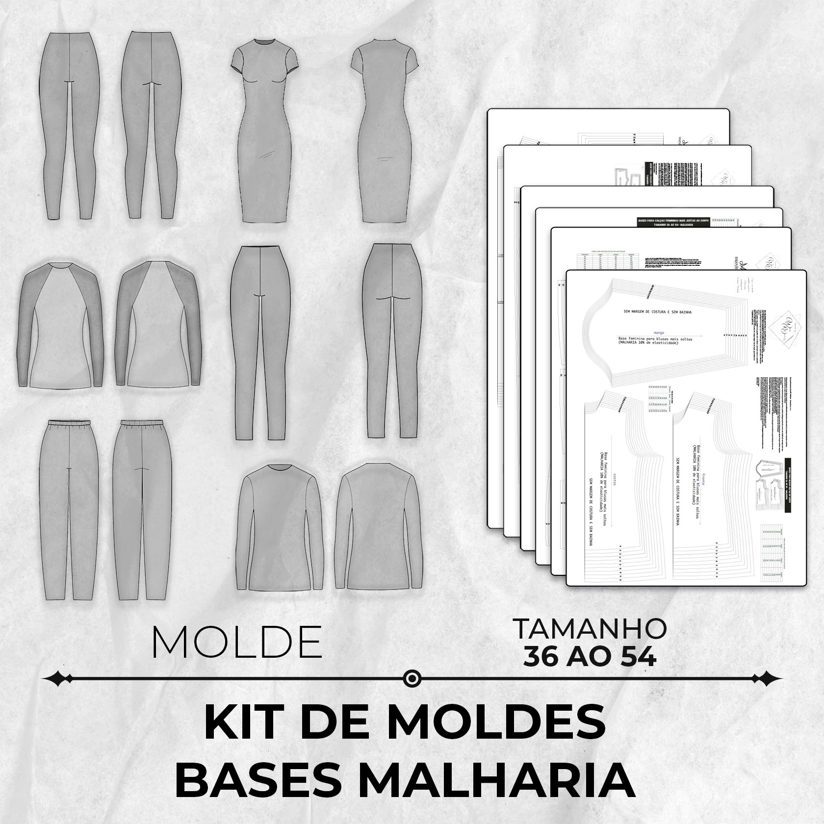Kit de Moldes Bases Malharia tamanho 36 ao 54 by Wania Machado