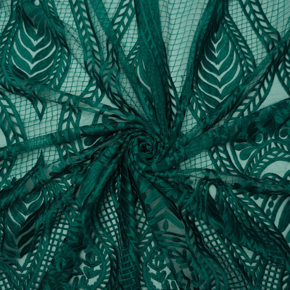 Tecido renda tule bordado arabesco verde escuro
