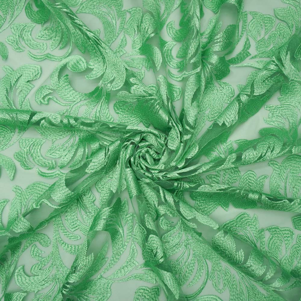Tecido renda tule bordado floral verde menta