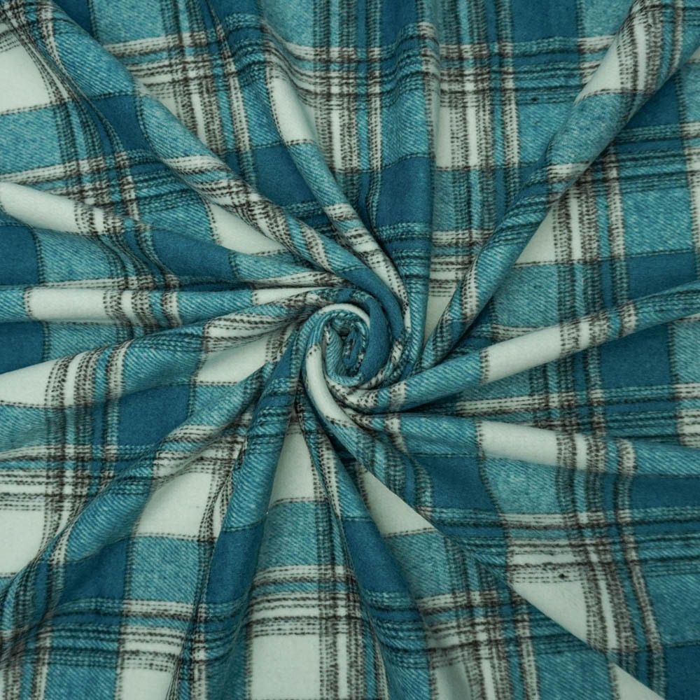 Tecido lã flanelada xadrez leve azul turquesa