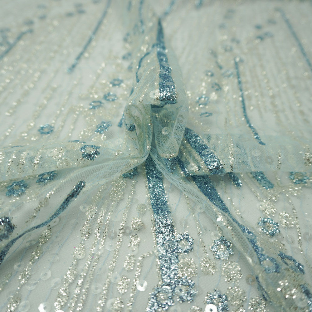 Tecido tule bordado paetê com glitter azul serenity