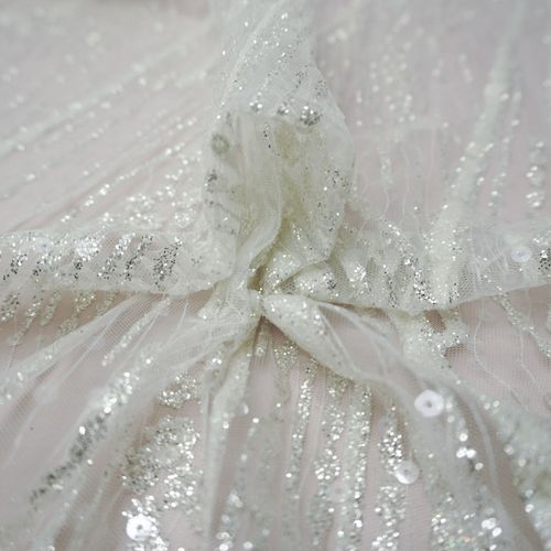 Tecido tule bordado paetê com glitter branco