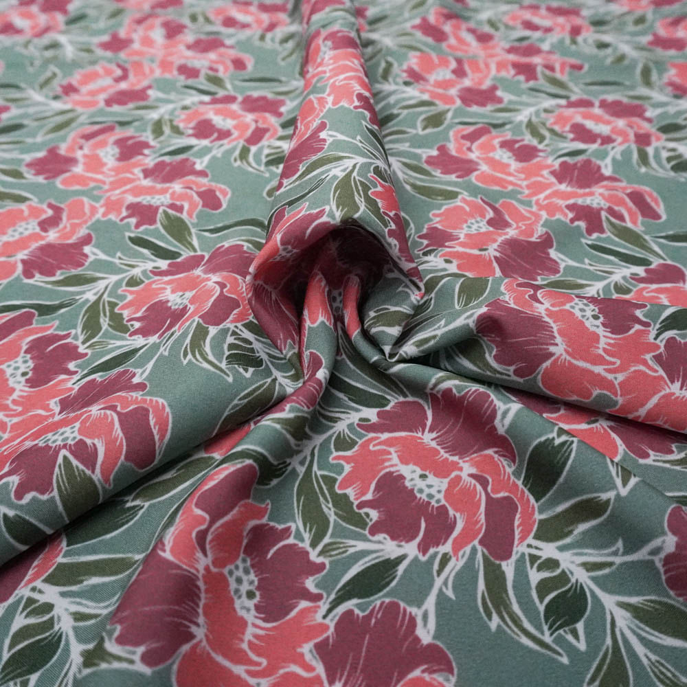 Tecido seda pluma verde aspargo estampa digital floral
