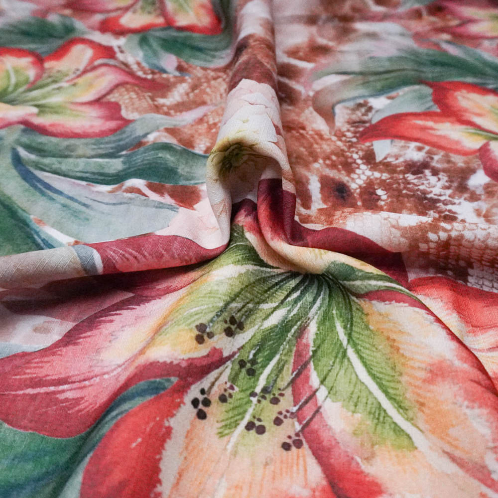 Tecido crepe textura de linho nude estampa digital floral