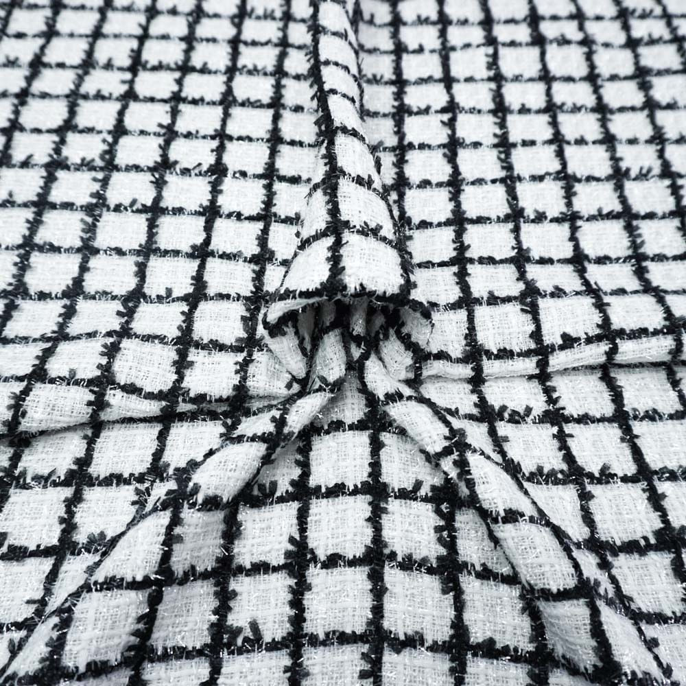 Tecido tweed branco/preto fio metalizado