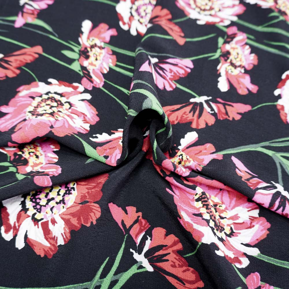 Tecido viscose preto estampado floral (tecido italiano legítimo)