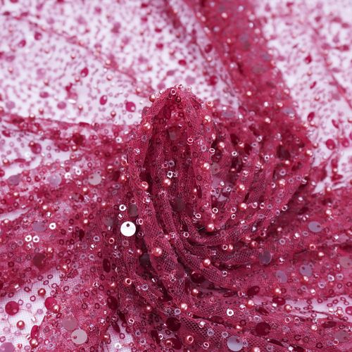 Tecido tule bordado pedraria com paetê marsala