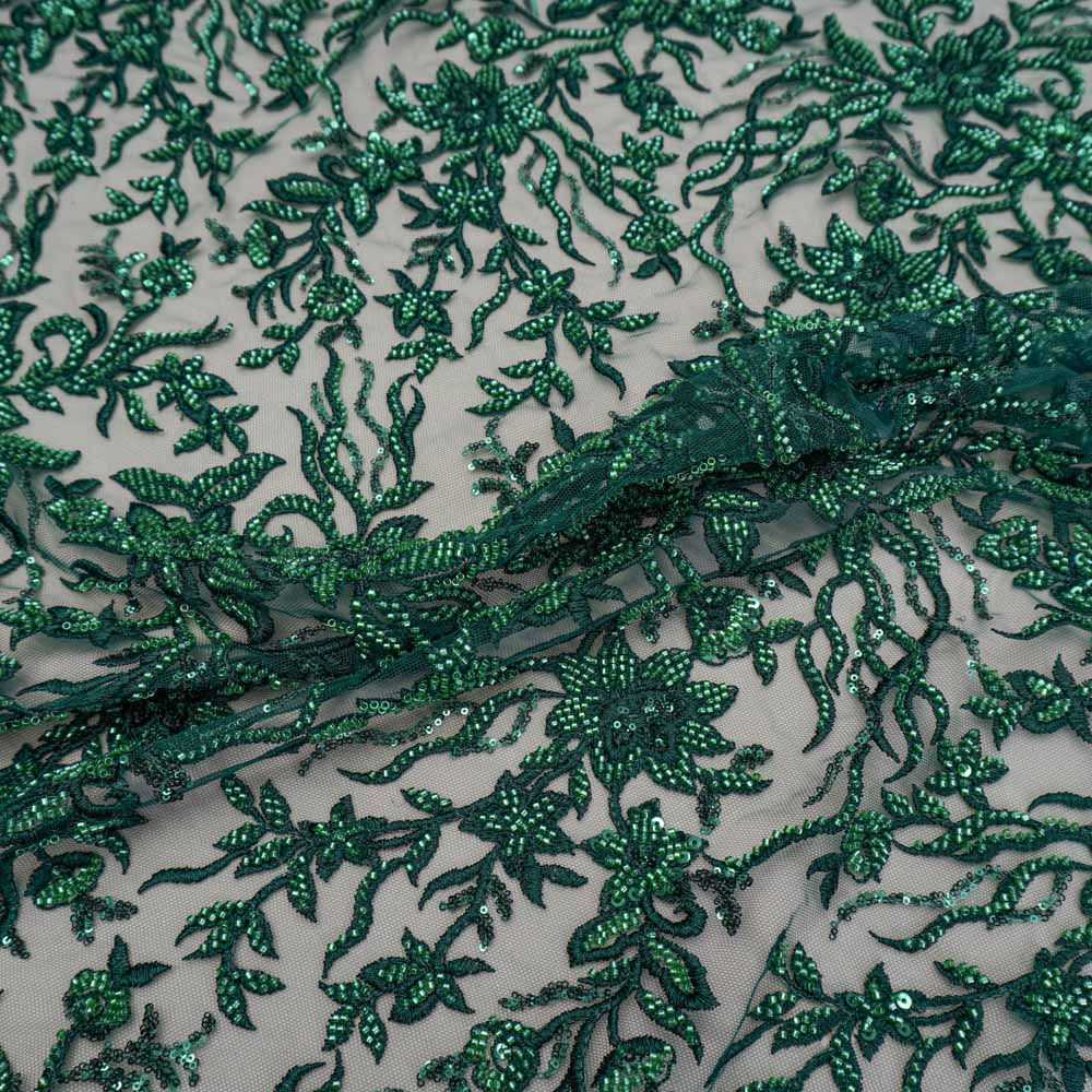 Tecido renda tule bordado pedraria com barrado verde floresta
