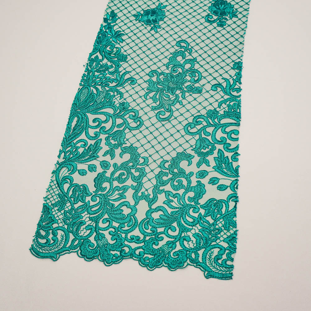 Tecido renda tule bordado arabesco xadrez verde esmeralda und 30cm x 130cm
