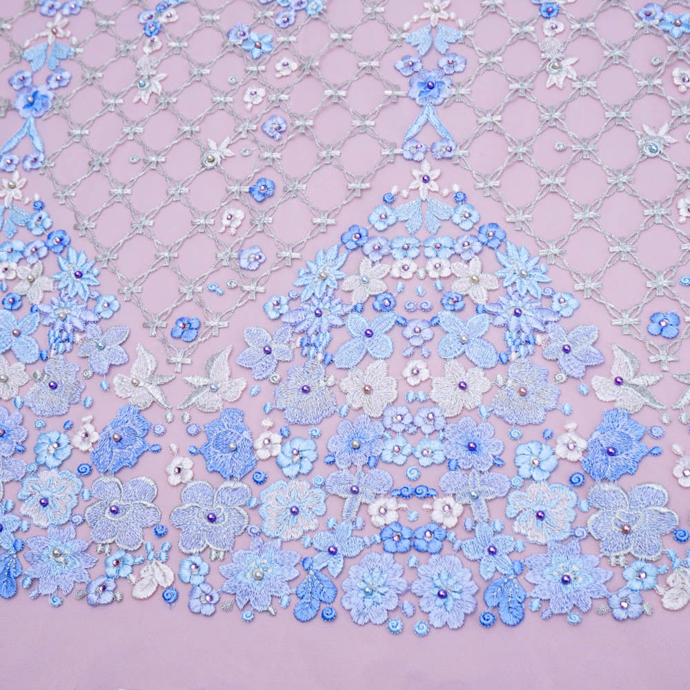 Tecido renda tule bordado pérolas floral lilás und 50cm x 130cm
