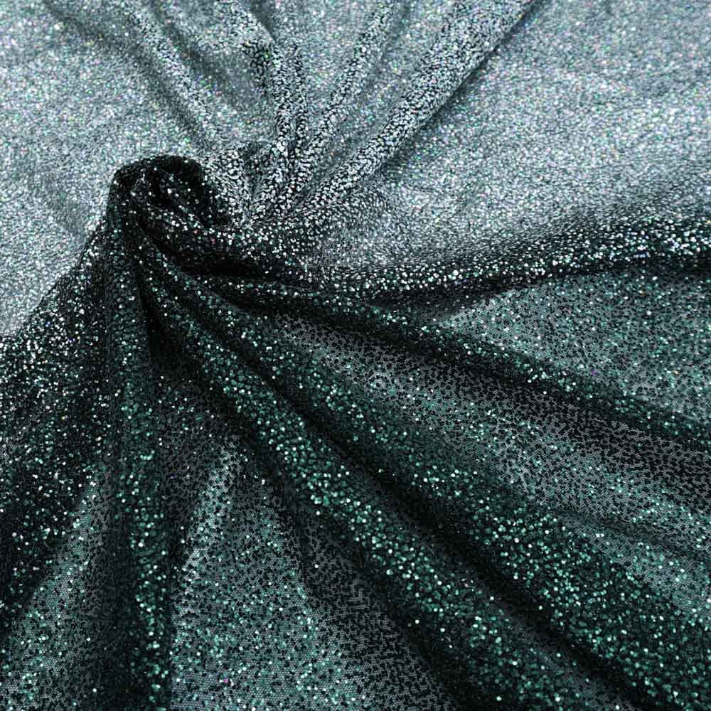 Tecido renda tule bordado com glitter cheio degradê verde/prata