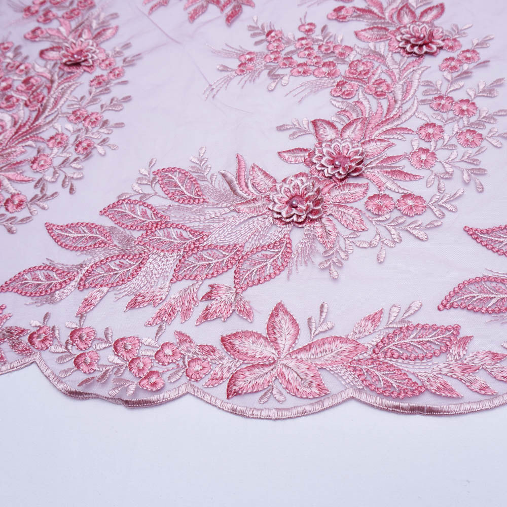 Tecido renda tule bordado flores 3d pérola rosa