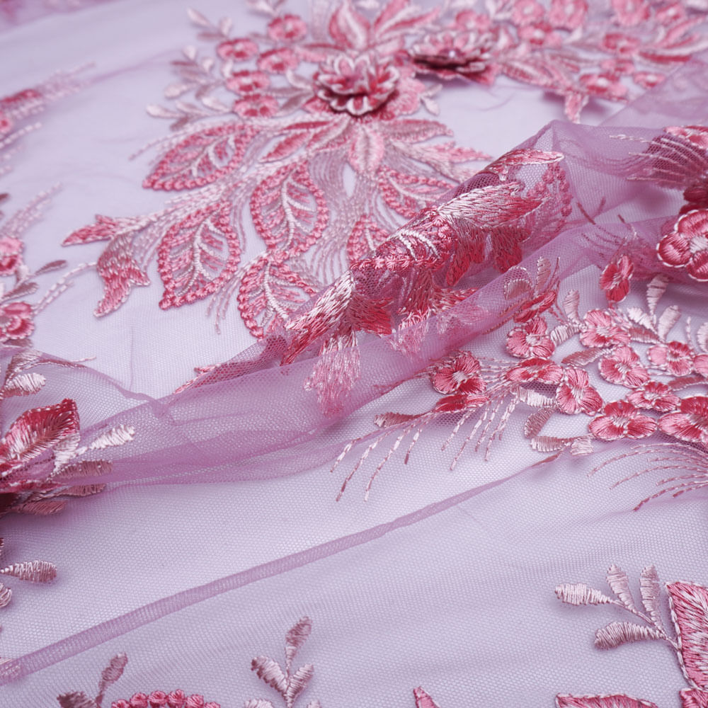 Tecido renda tule bordado flores 3d pérola rosa