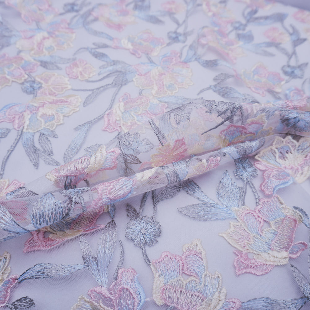 Tecido renda tule bordado floral cinza/rosa/amarelo