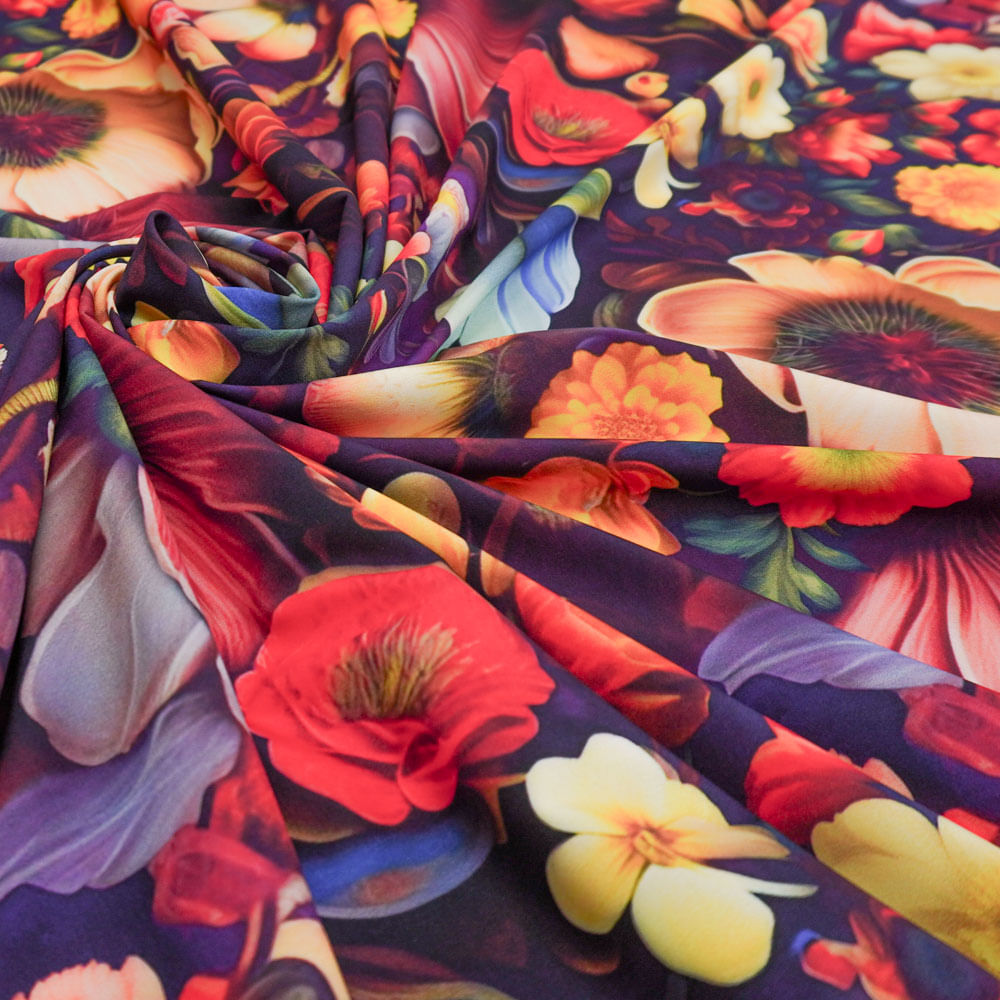 Tecido seda pluma roxo estampado floral