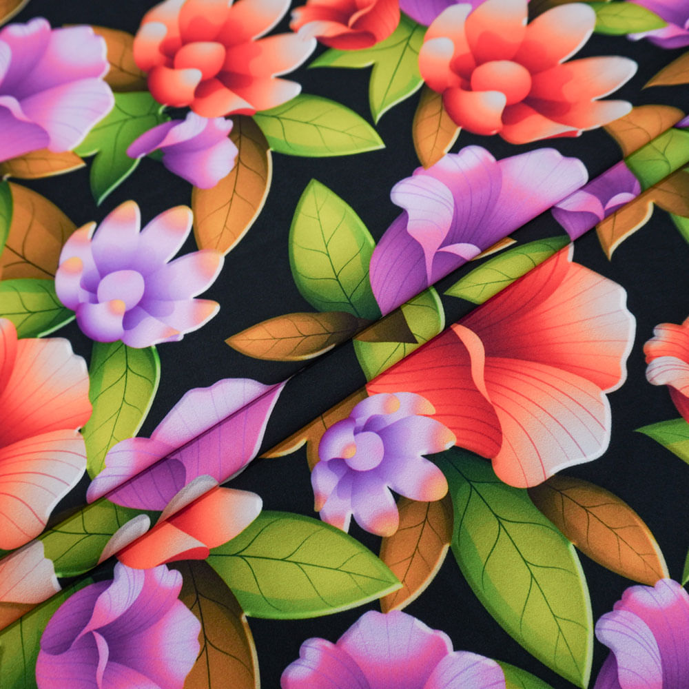 Tecido seda pluma preto estampado floral lilás/laranja