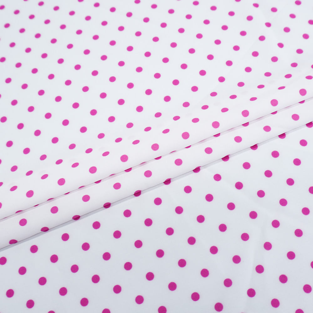 Tecido seda pluma off white estampa digital poá pink