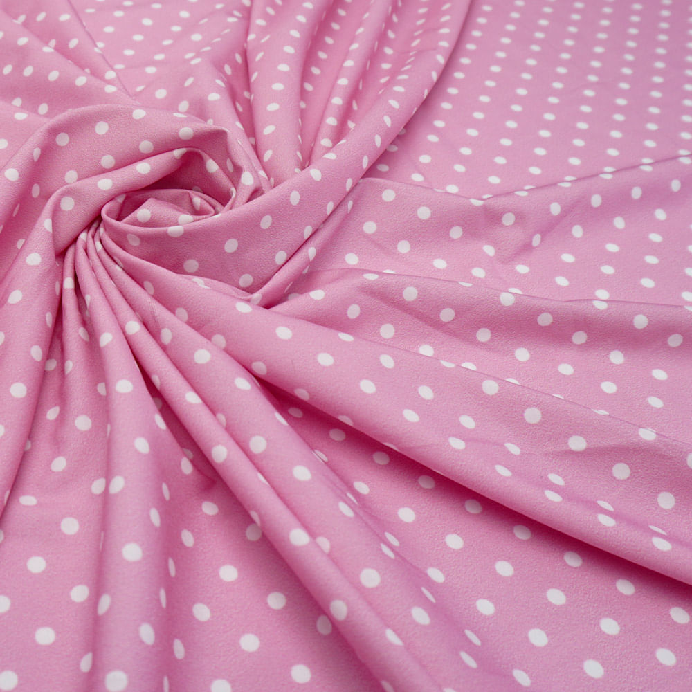 Tecido seda pluma rosa estampa digital poá branco