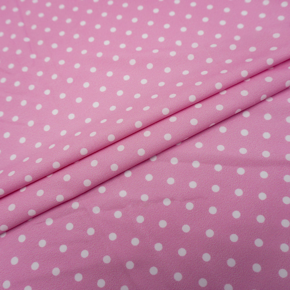 Tecido seda pluma rosa estampa digital poá branco