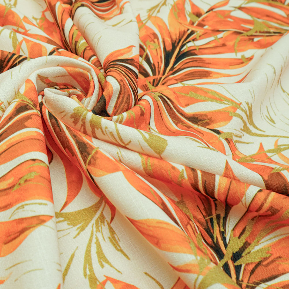 Tecido poliéster com textura de linho estampado ramos laranja