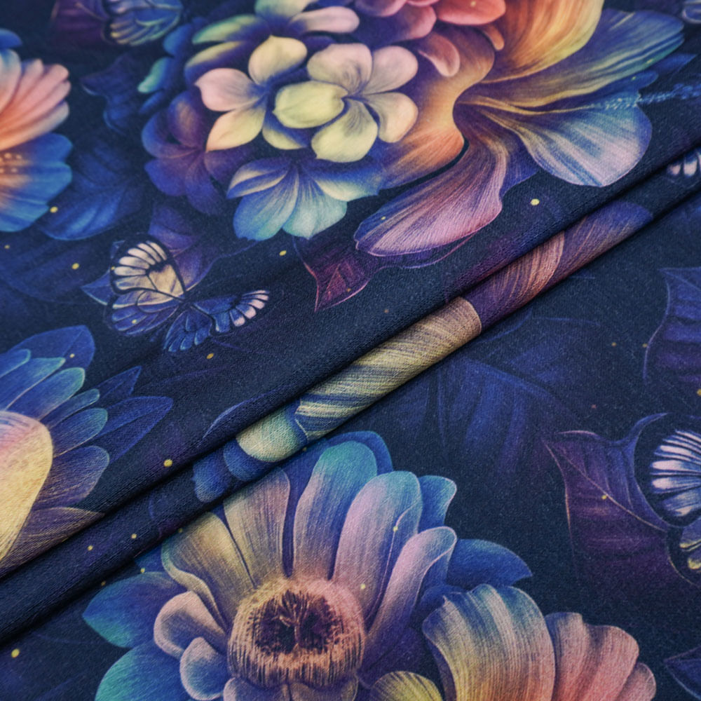 Tecido poliéster com textura de linho azul noite estampado floral