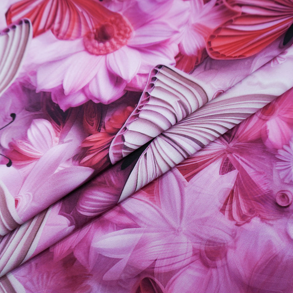 Tecido crepe valentino rosa estampado borboleta