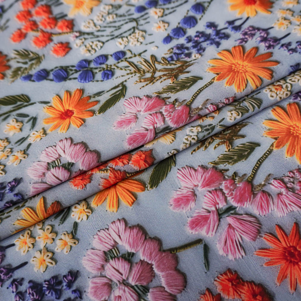 Tecido seda pluma azul acinzentado estampado floral