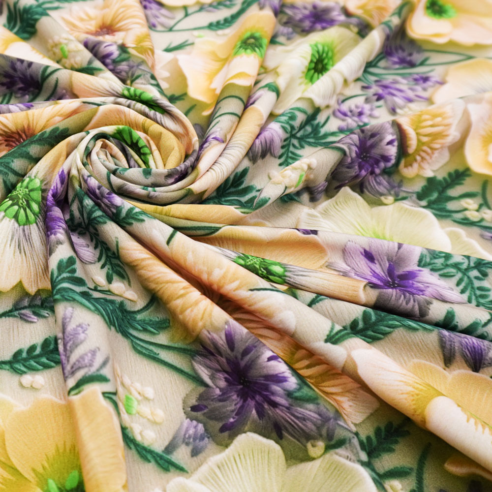 Tecido seda pluma estampado floral/ramos