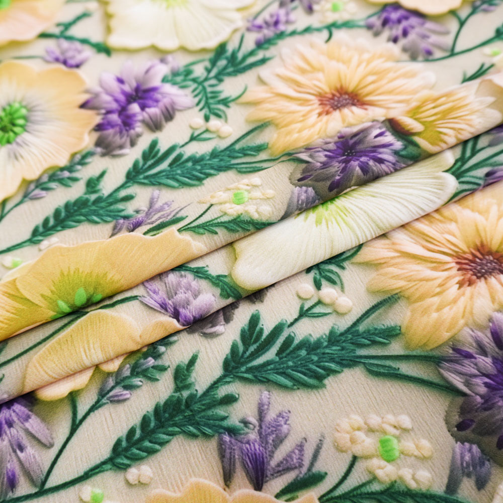Tecido seda pluma estampado floral/ramos