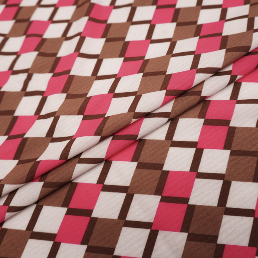 Tecido seda pluma estampado geométrico marrom/rosa