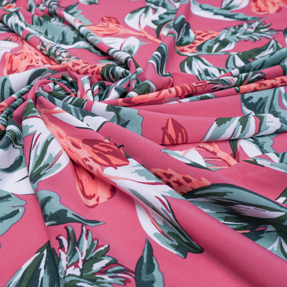 Tecido seda pluma rosa estampado floral
