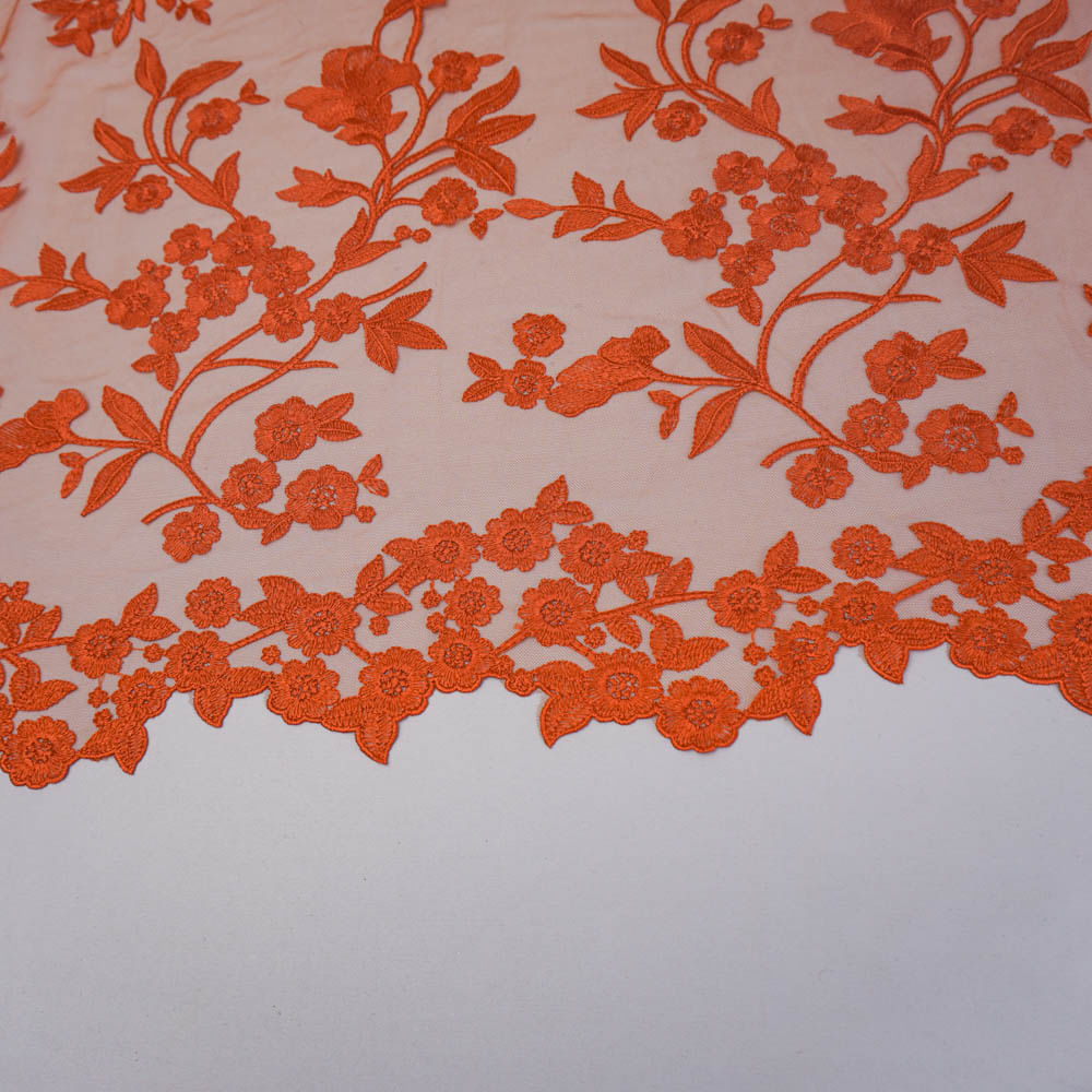 Tecido tule bordado floral terracota