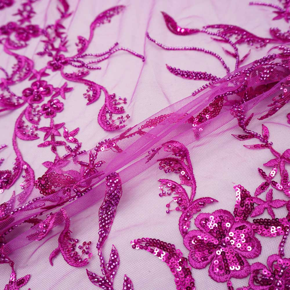 Tecido renda tule bordado pedraria pink