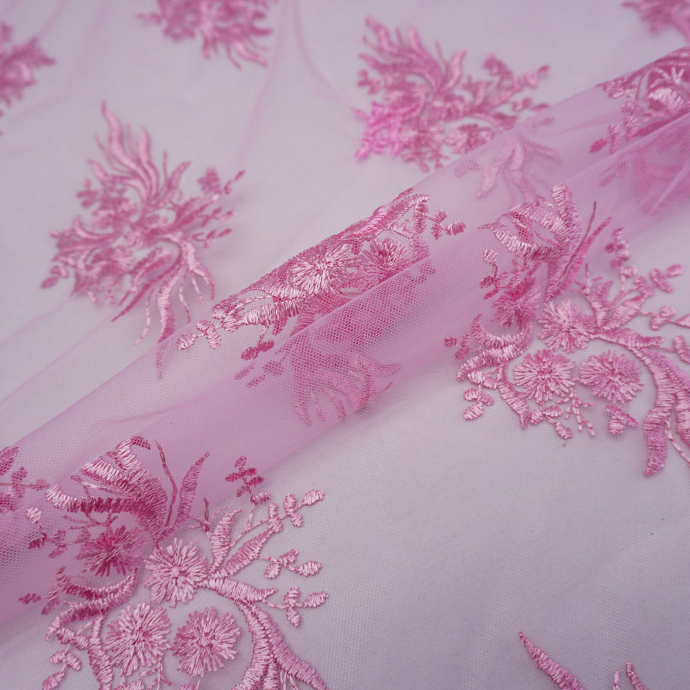 Tecido renda tule bordado rosa