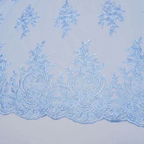 Tecido renda tule bordado azul serenity