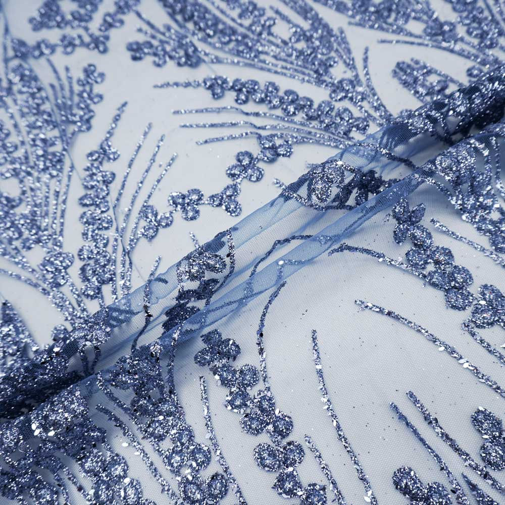 Tecido renda tule bordado com glitter azul acinzentado
