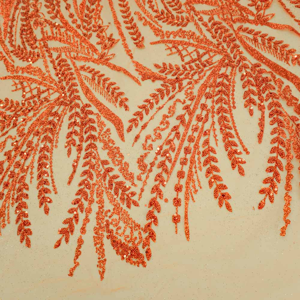 Tecido renda tule bordado ramos pedraria e glitter laranja