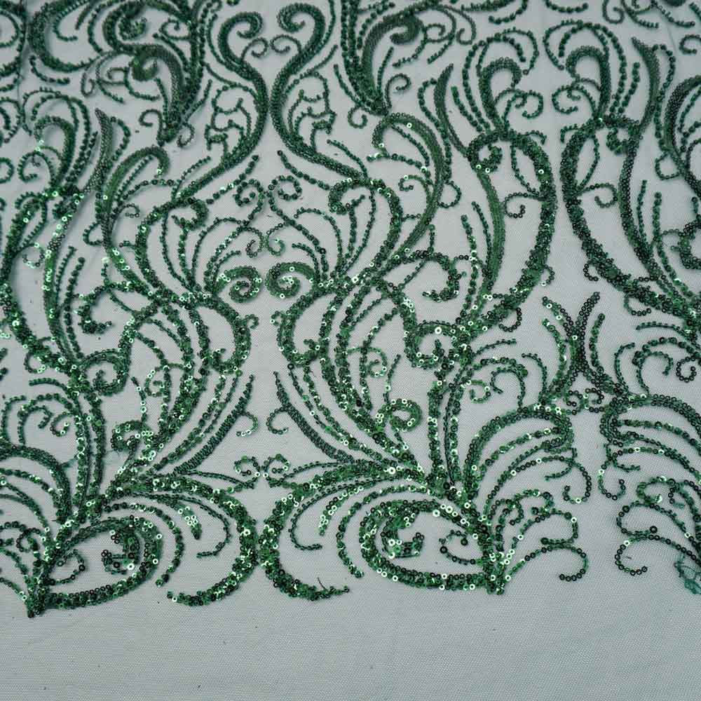 Tecido renda tule bordado ramos em pedraria verde esmeralda und média 34cmx132cm