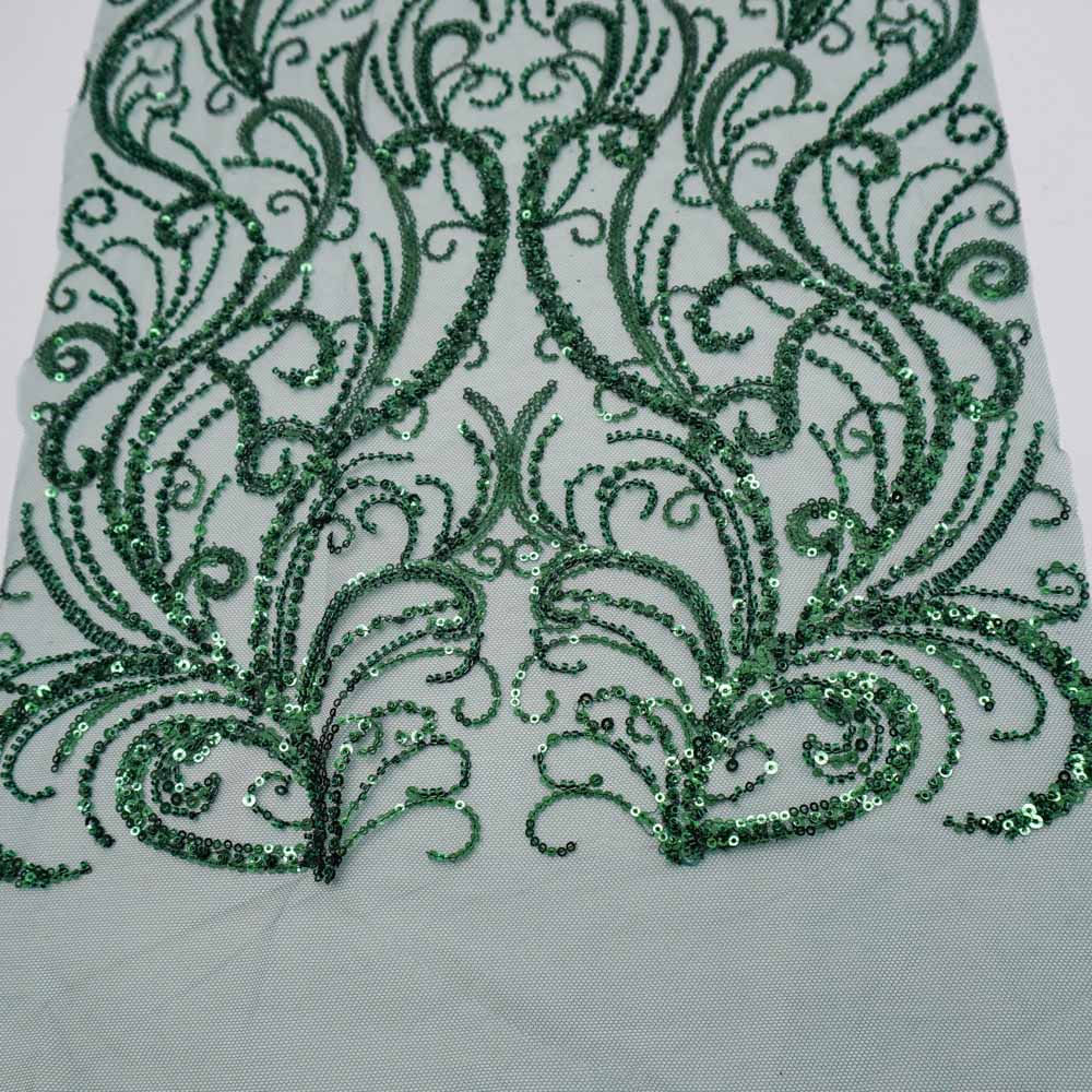 Tecido renda tule bordado ramos em pedraria verde esmeralda und média 34cmx132cm