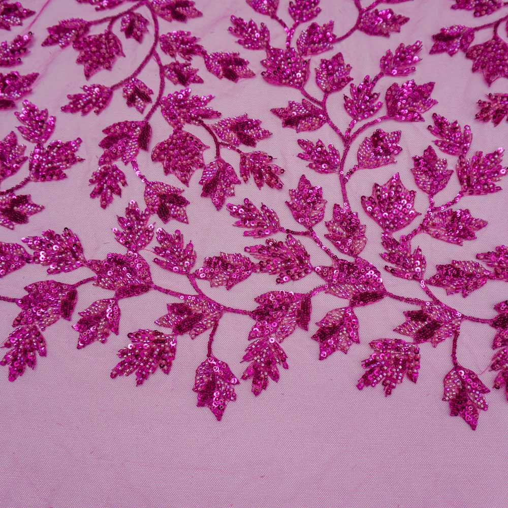 Tecido renda tule bordado floral pedraria pink und média 35cmx132cm