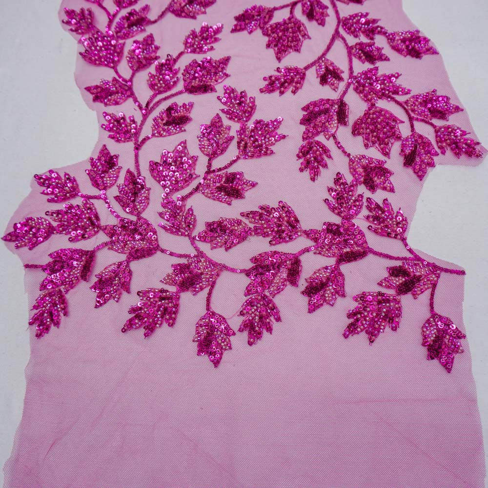 Tecido renda tule bordado floral pedraria pink und média 35cmx132cm