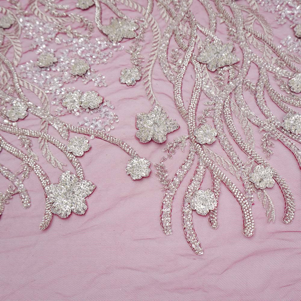 Tecido renda tule marsala bordado floral 3D pedraria und média 35cmx132cm